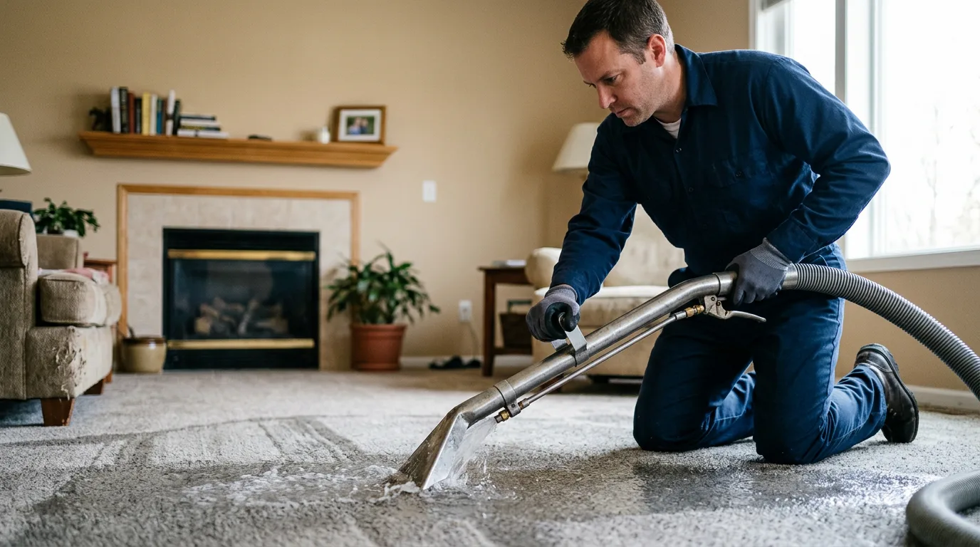 Water damage restoration technician working near Carthage, IN